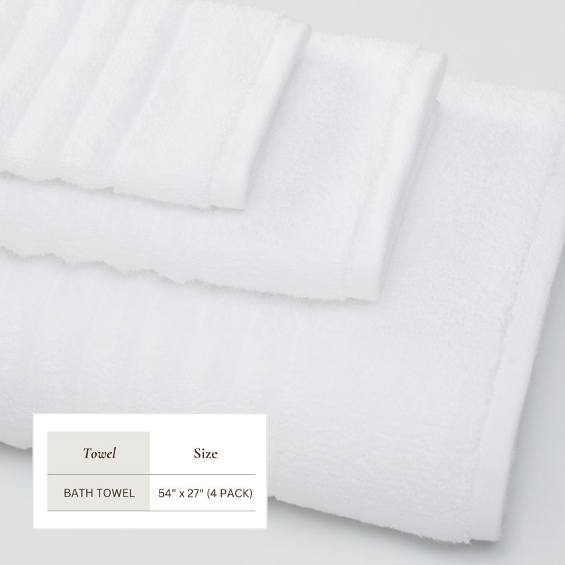 100% Zero-Twist Cotton Ribbed Bath Towels , White, Bath Towels - 4 Pack