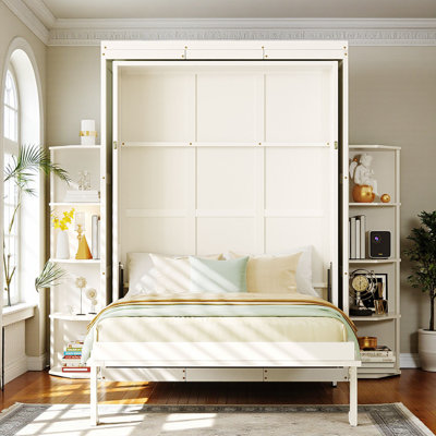 Queen Size Murphy Bed, 360° Rotating Wall Bed, Wood, Multi-Layer Shelving, Contemporary, Multi-Functional Room