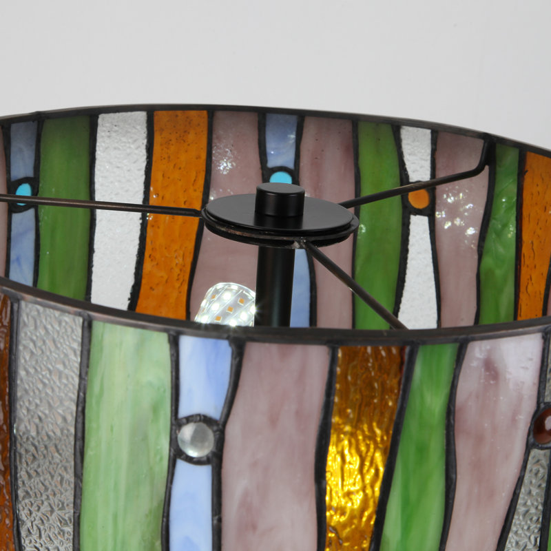 Tiffany Style Lamp Colorful Striped Stained Glass Tiffany Bedside Lamp in Modern Drum Shade Tiffany Table Lamp with Pull Chains