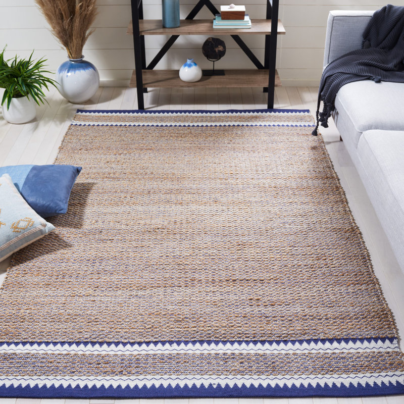 Krew Natural Fiber Hand Woven Jute/Wool Geometric Rug in Natural/Navy, Rectangle 5' x 8'