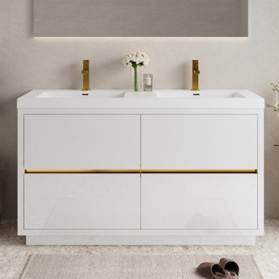 Meuble-lavabo autoportant de 60 po avec double lavabo, meuble-lavabo avec comptoir en résine de pierre et tiroirs à fermeture en douceur