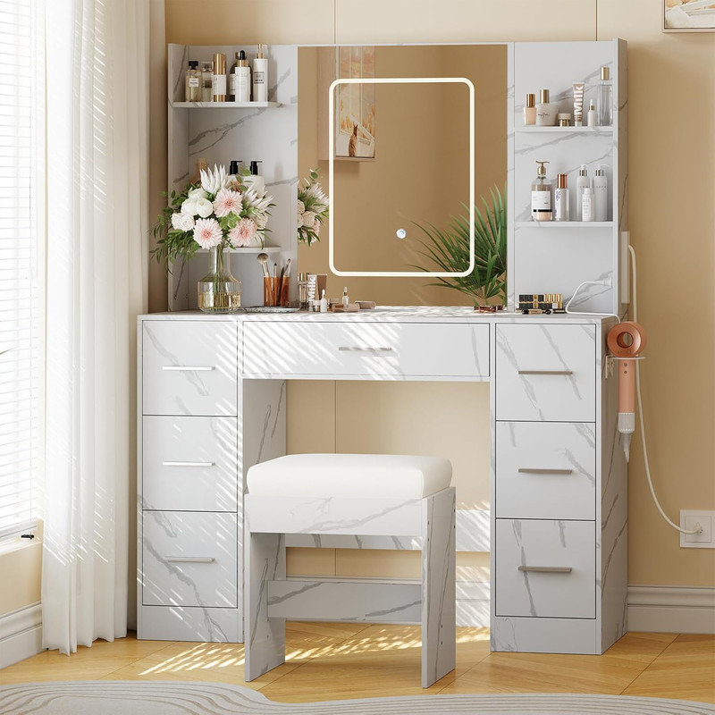 Vanity Desk with Lights, Makeup Vanity with Mirror & Chair, Power Outlet, Hair Dryer Rack, 7 Drawers, 3 Lighting Modes – Adjustable Dressing Table for Bedroom