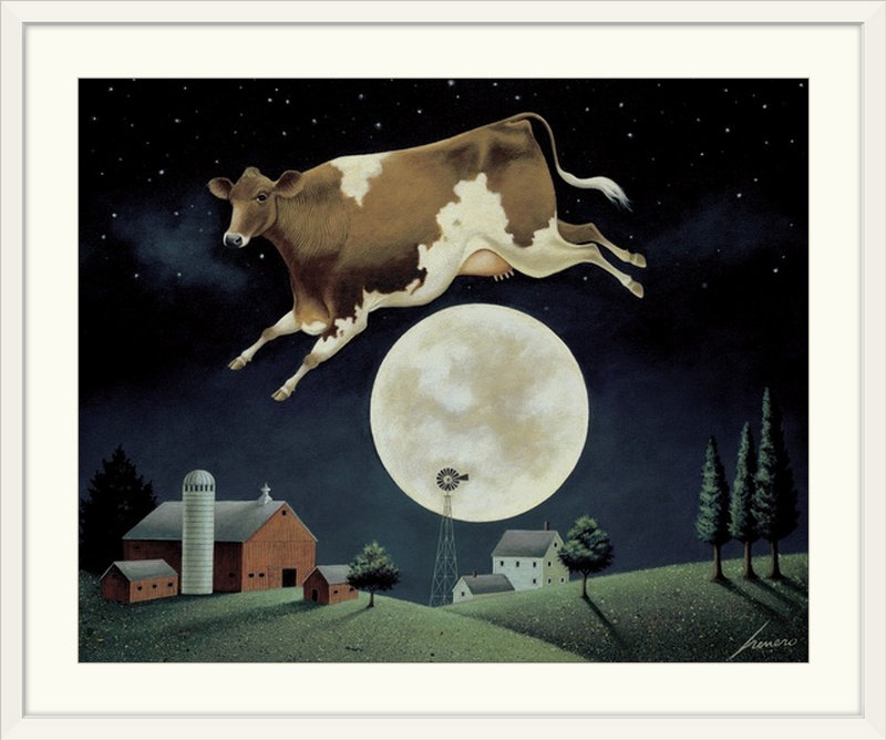 Luton " Cow Jumps Over The Moon " by Lowell Herrero, 24" H x 28" W x 1" D, White Frame