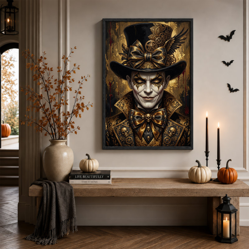 Art doré sur toile doré et noir avec un chapeau haut de forme, H 24 po x l 18 po