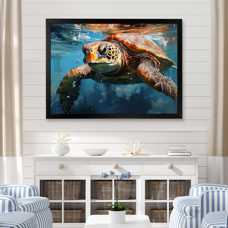 Azure Wanderer I - Tortue, art mural, salon, H 24 po x l 32 po x P 1 po, Cadre simple noir