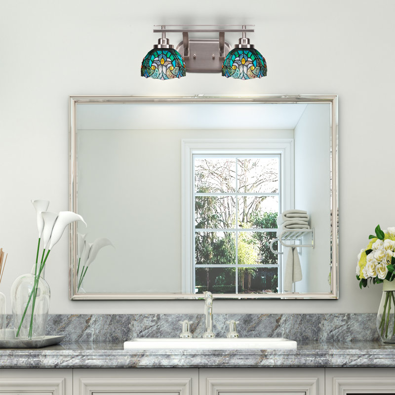 Estella 2 Light Bath Bar Shown With 7" Cypress Art Glass, Brushed Nickel, Blue
