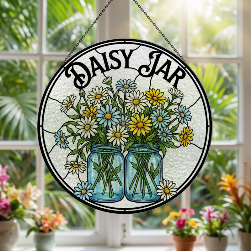 12"H Daisy Jar Stained Glass Window Panel, 12" H x 12" W