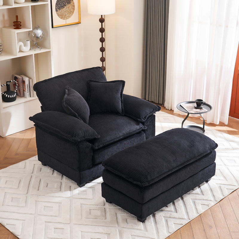 Artiomas 46.9-Inch Single Sofa, Upholstered Corduroy Armchair With Ottoman, Black Corduroy