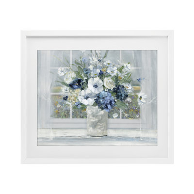 Blue Hydrangea & Anemone Bouquet Framed Print Under Glass, design by Sally Swatland