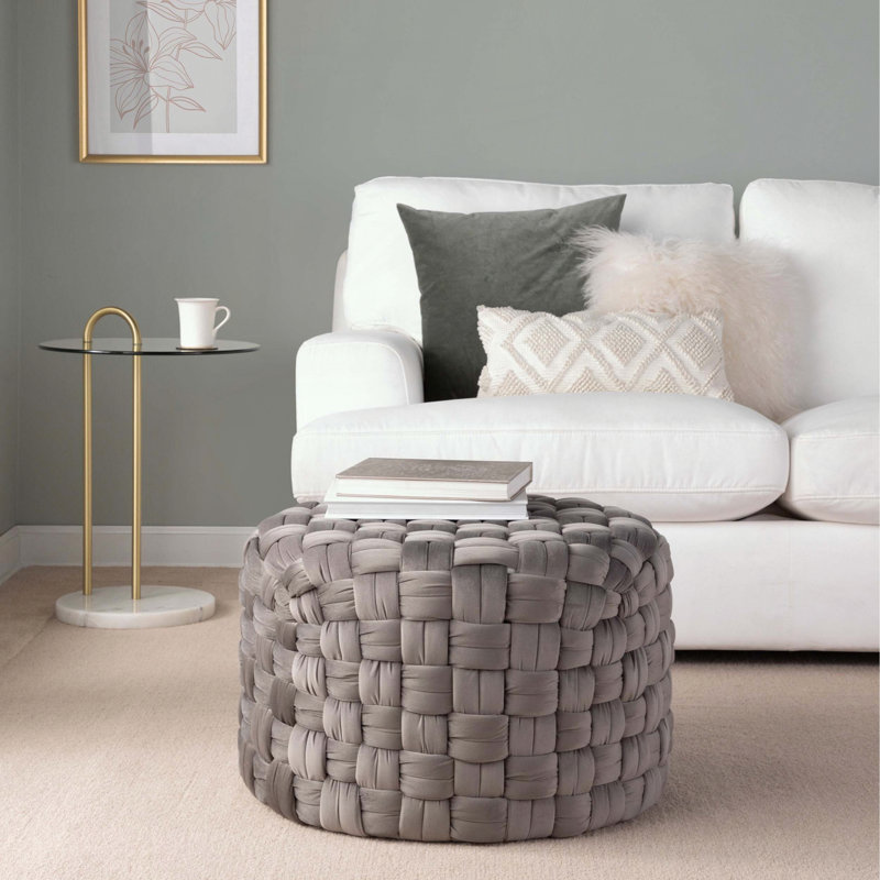 Repose-pieds rond tressé avec velours gris foncé, Gris