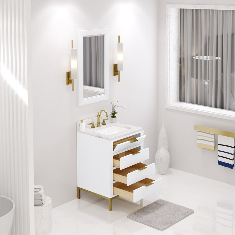 Meuble-lavabo de comptoir en marbre blanc 24 po avec miroir Bristol, Blanc pur, Miroir inclus