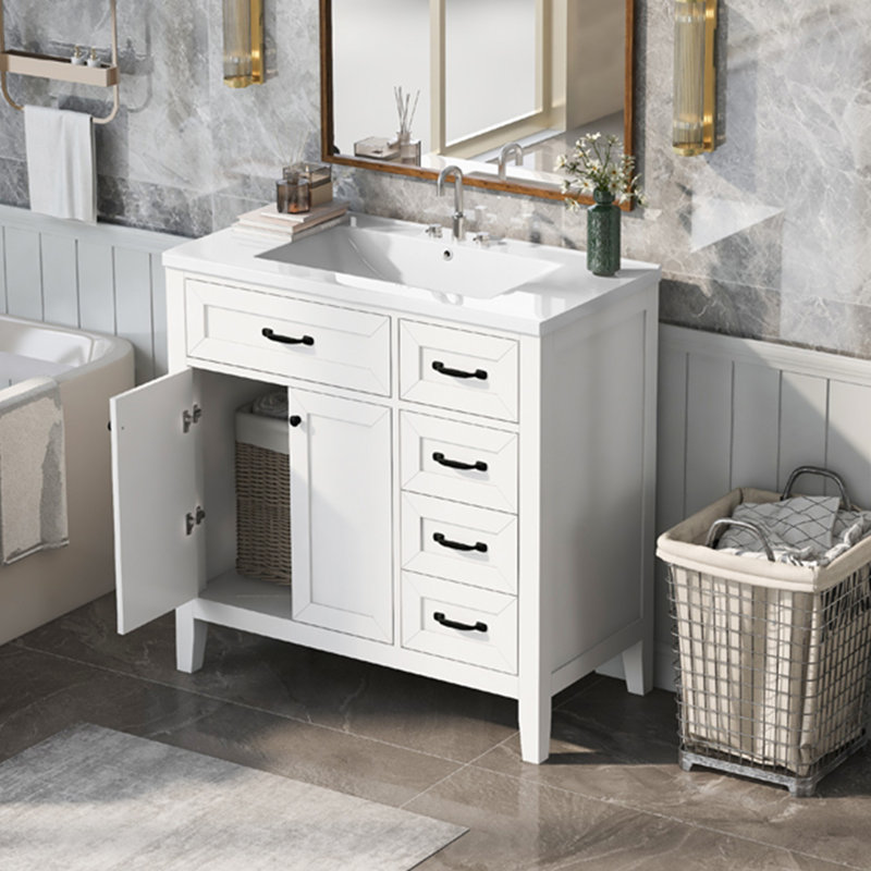 36"Black Bathroom Cabinet With Drawers And Sink Combo, White