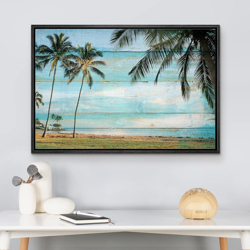 Bord de mer bord de mer effet palmier tropical ciel numérique moderne Art déco floral, H 16 po x l 24 po, Cadre flottant noir