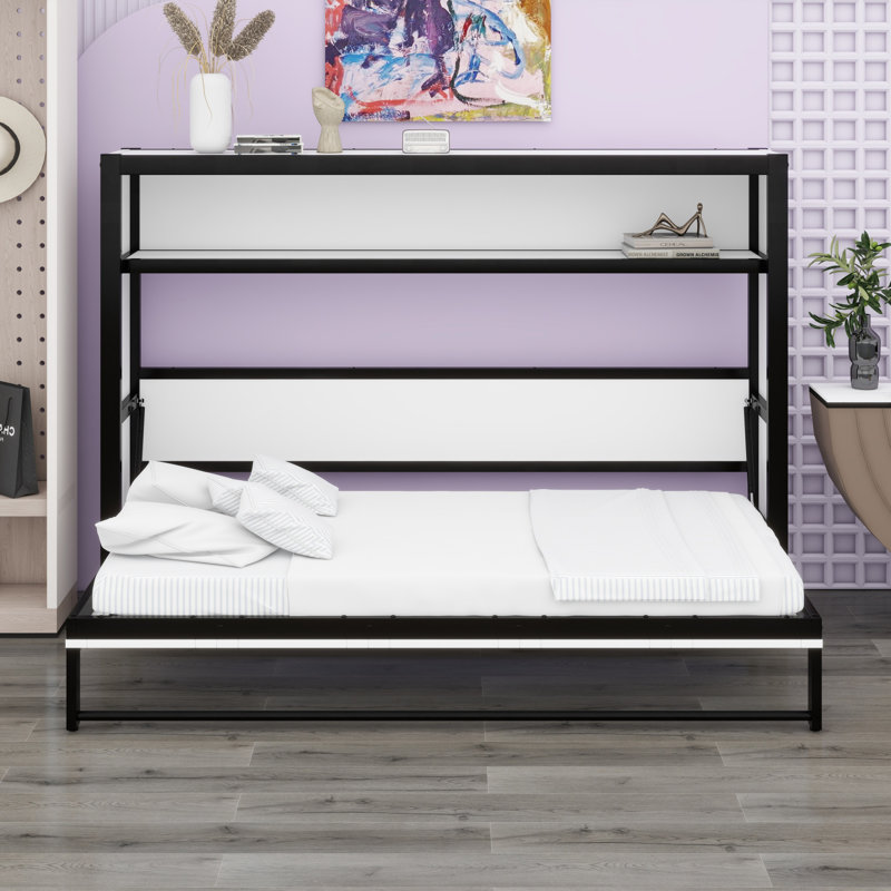 Lit escamotable avec tablettes, lit escamotable en métal au design pliable et peu encombrant, Blanc