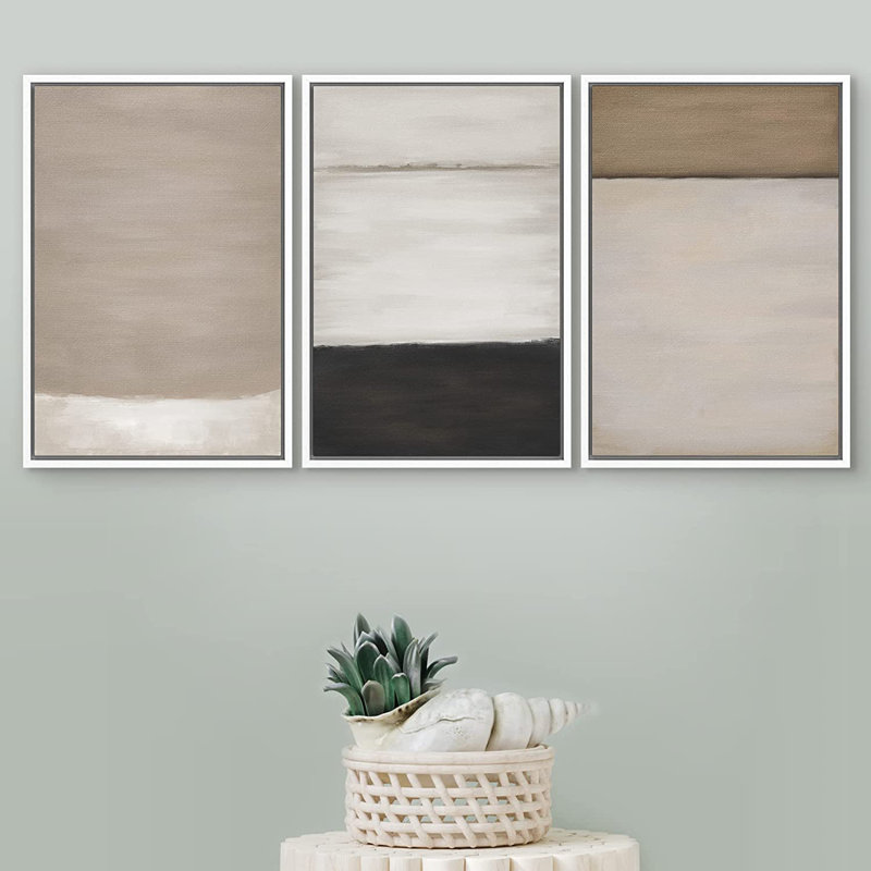 Ensemble de 3 peintures sur toile avec cadre flottant, H 36 po x l 72 po x P 1,5 po, Blanc
