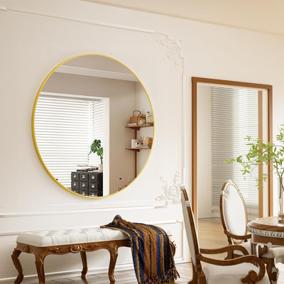 42 Inch Round Mirror, Metal Frame Circle Mirror, Wall Mounted For Entryway, Bathroom, Vanity, Living Room, Gold