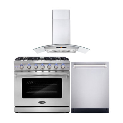 3 Piece Kitchen Package with 36" Freestanding Gas Range & 36" Wall Mount Range Hood