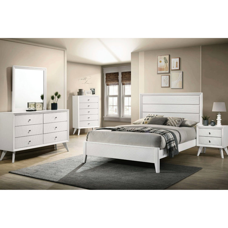 3 pièces chambre à coucher très grand lit blanc avec 2 tables de chevet, structure de lit à texture de vague contemporaine et pieds en angle
