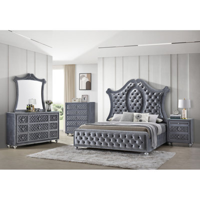 1pc Queen Panel Bed Tufted Headboard Luxurious Upholstery and Intricate Nailhead Trim Diamond-patterned Tufted Accent Modern Luxury Gray Silver
