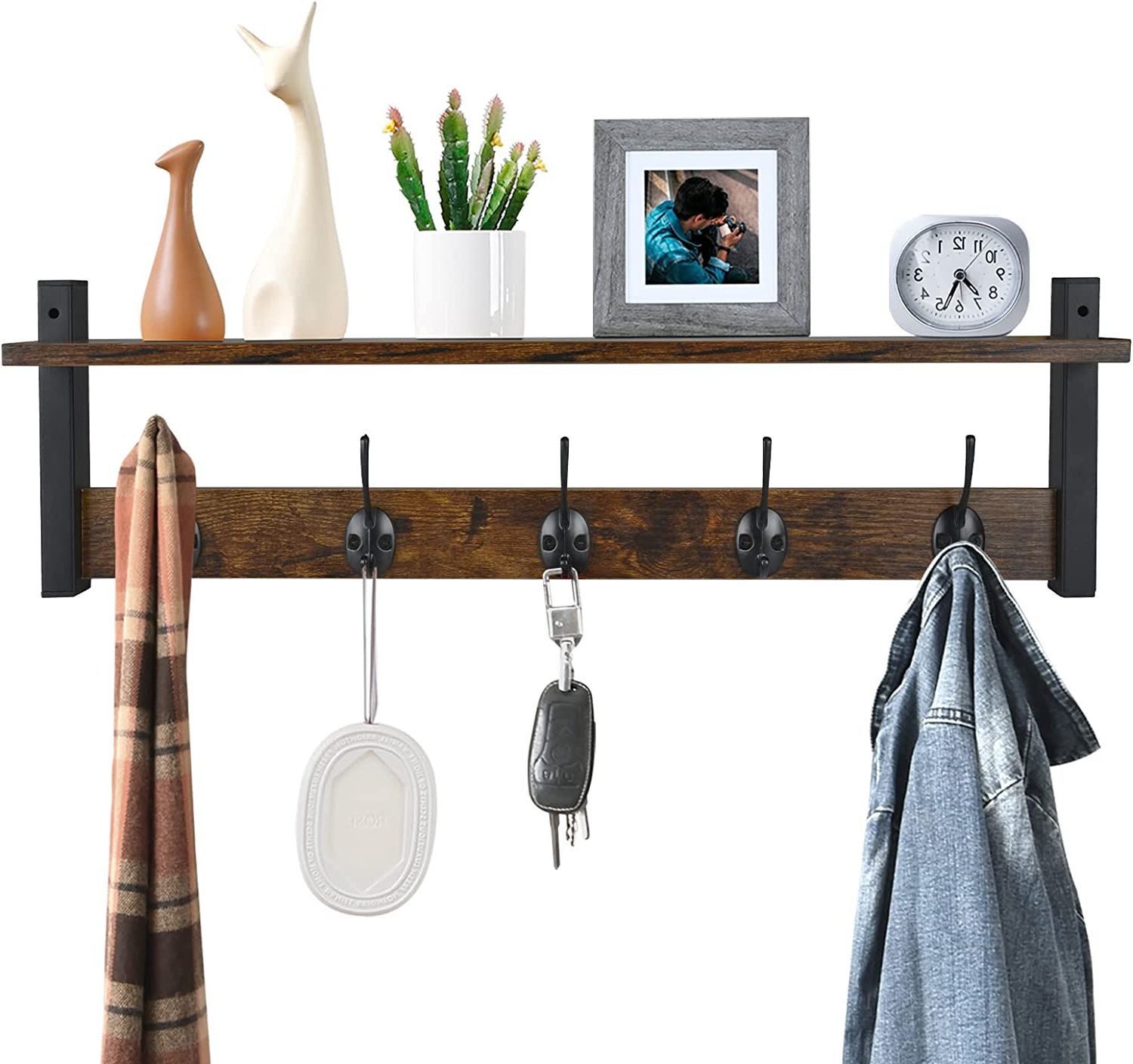 Thalha Wall Mounted Storage Rack with Upper Shelf, Wire Baskets, and Hooks 17 Stories Color: Rustic Brown