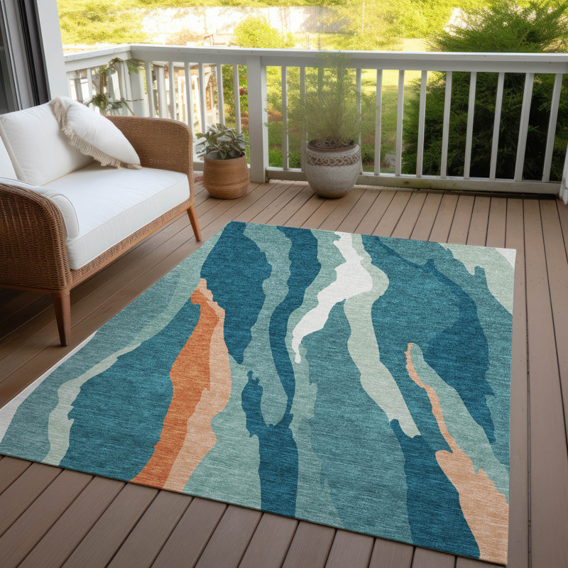 Teal and Orange Abstract Washable Synthetic Area Rug