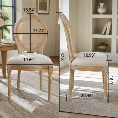 Set of 2 French Style Dining Chairs, Solid Wood Frame with Rattan Back and Linen Fabric Upholstery