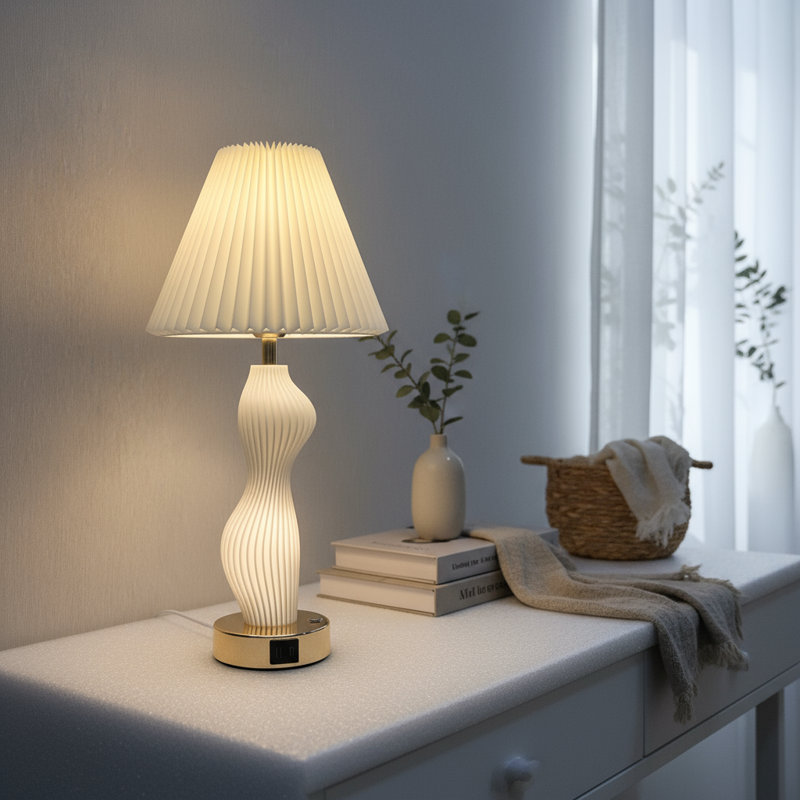 Lampe de chevet rechargeable à double lumière et à double lumière, base lumineuse et abat-jour en tissu plissé, lampe de chevet sans fil USB