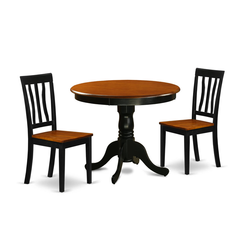 3 Piece Kitchen Table & Chairs Set Contains a Round Dining Room Table with Pedestal and 2 Solid Wood Seat Chairs, Black & Cherry