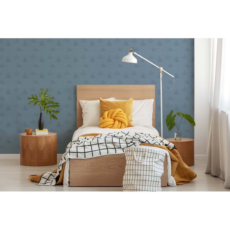Kids Sailboats 10' L x 24" W Peel and Stick Wallpaper Tile, Navy, Faux Grasscloth, Non-pasted