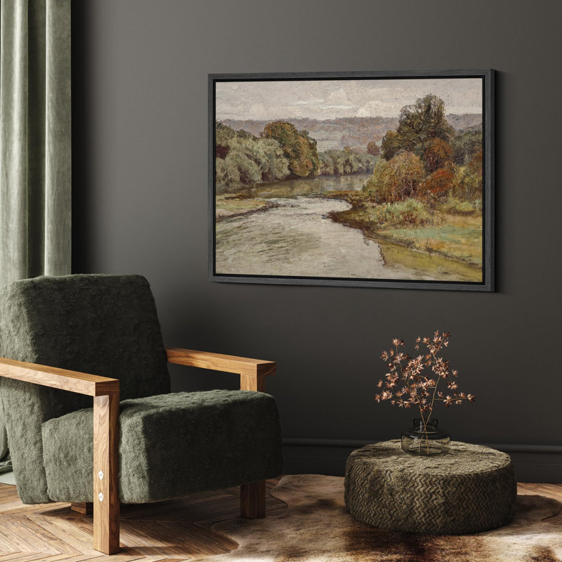 " Tranquil River Bend Rustic Landscape Illustrations Rustic French Country ", Black, 16" H x 24" W