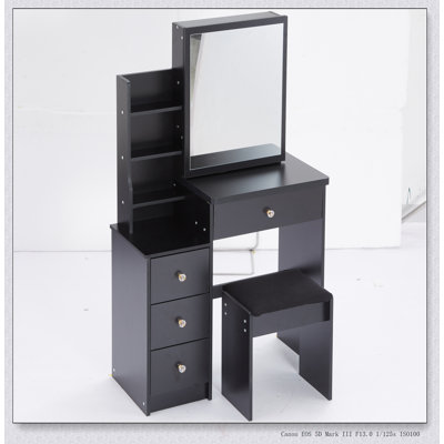 Ensemble de coiffeuse compacte avec tabouret rembourré et grand miroir coulissant, rangement multicouche pour les petits espaces, design pratique et élégant