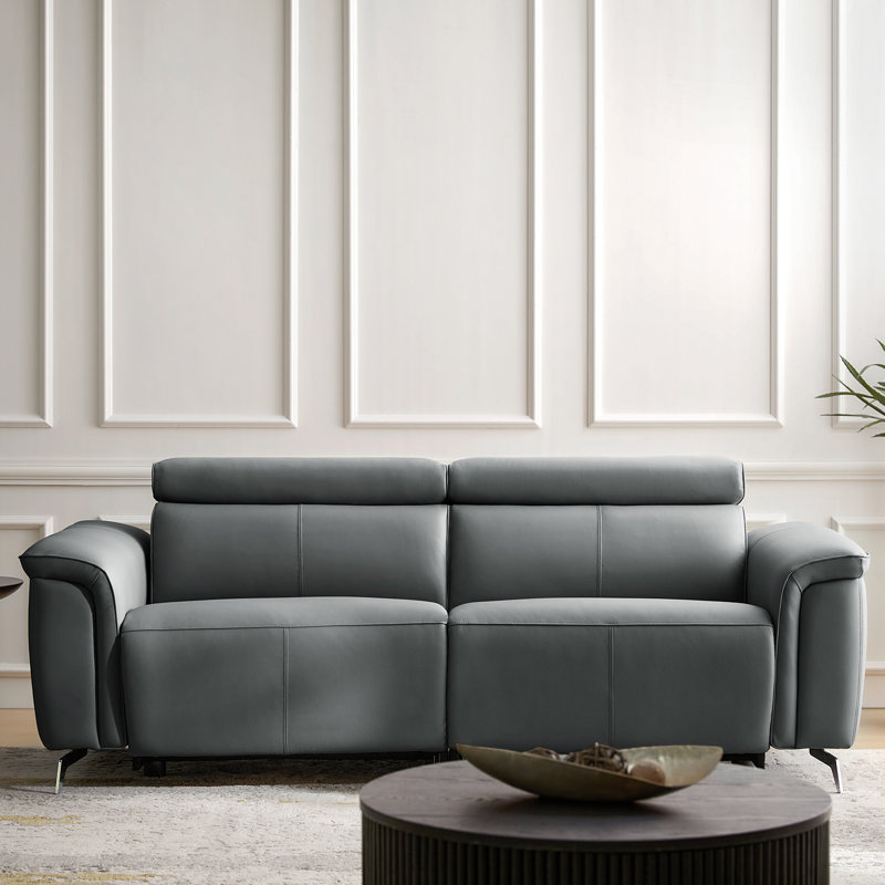 Niyam 85.25" Modern Genuine Leather Power Reclining Sofa with Adjustable Headrest, Blue Gray
