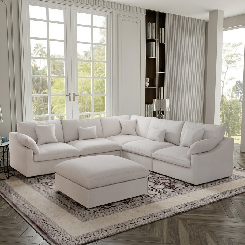 6 - Piece Slipcovered Sectional With Ottoman, Beige Linen Blend