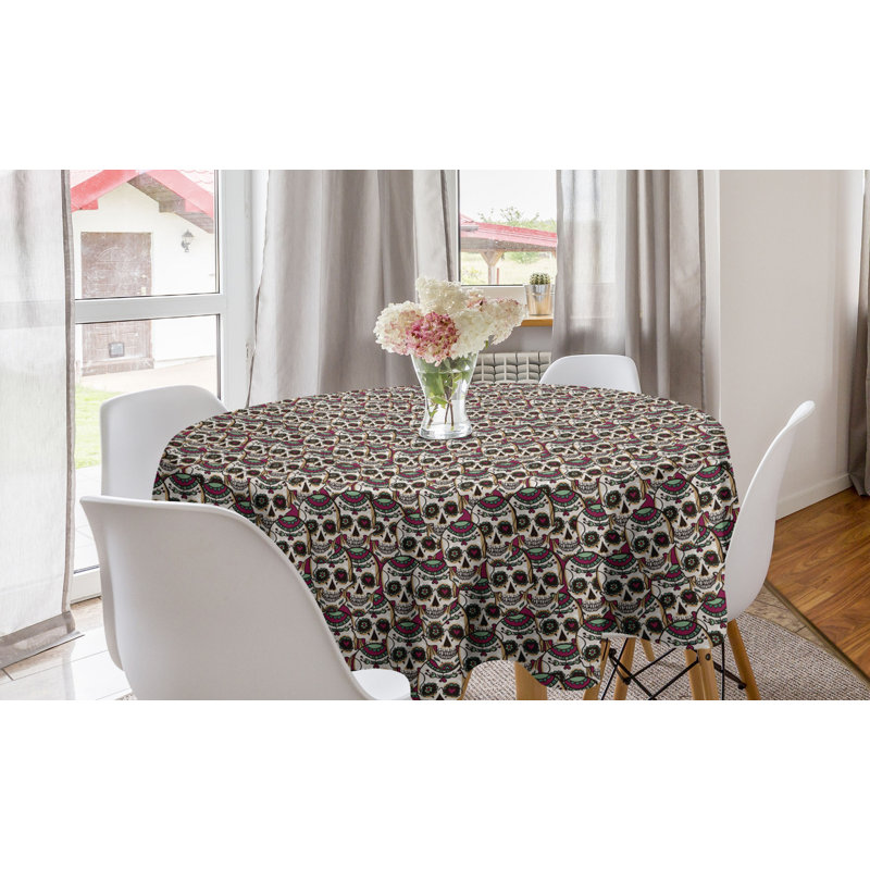 Ambesonne Sugar Skull Round Tablecloth, Creepy Head Bones With Paisley Floral Patterns Flowers Day Of The Dead Art, Circle Table Cloth Cover For Dining Room Kitchen Decoration, 60", Cream Green Red