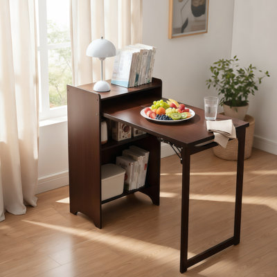 Bureau pliant en bambou pour petits espaces, table d'ordinateur pliable de style Mid-Century avec rangement caché et prise intégrée, brun noyer | Idée de cadeau