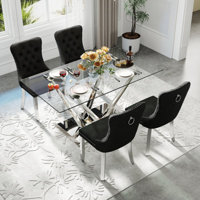 Modern Rectangle Tempered Glass Pedestal Dining Set with Velvet Tufted Dininig Chair