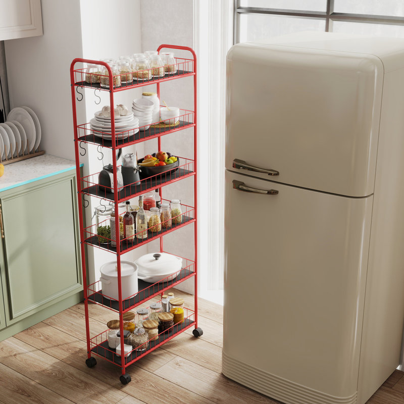 Chariot de rangement mince rouge à 6 niveaux avec roulettes - idéal pour la cuisine, la salle de bain, le bureau et la buanderie