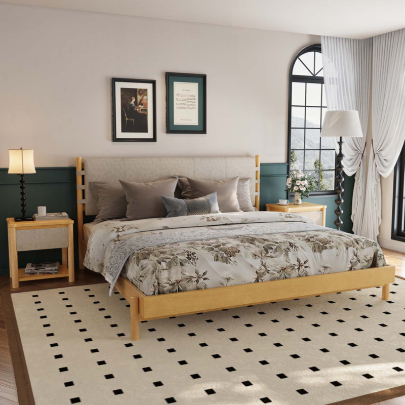 Ensemble de base de lit moderne avec 2 tables de chevet, lit plateforme en bois avec tête de lit et tables de chevet assorties pour la chambre à coucher