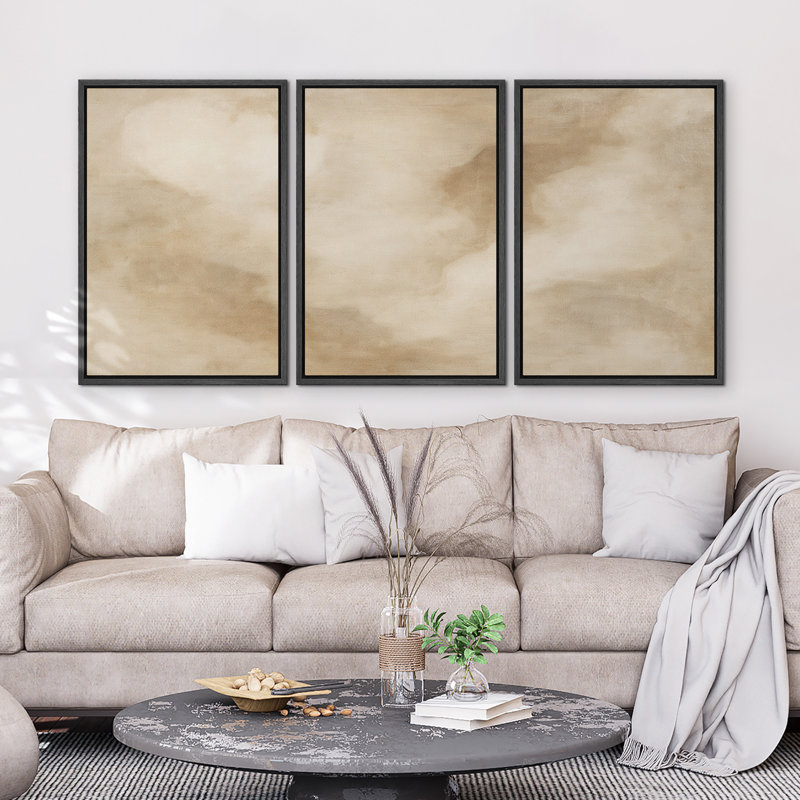«Neutral Beige Abstract Cloudy Minimal Wall Art», reproduction d'art sur toile encadrée dans la chambre principale, 3, Noir