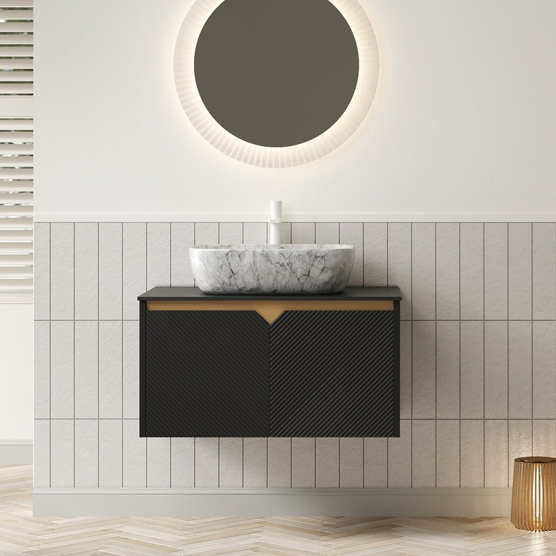 Meuble-lavabo de salle de bain 30 po, conception flottante murale, comptoir en pierre frittée noire, vasque en céramique à motif marbré, armoire en contreplaqué avec système de fermeture en douceur et garniture en métal à motif symétrique en sergé