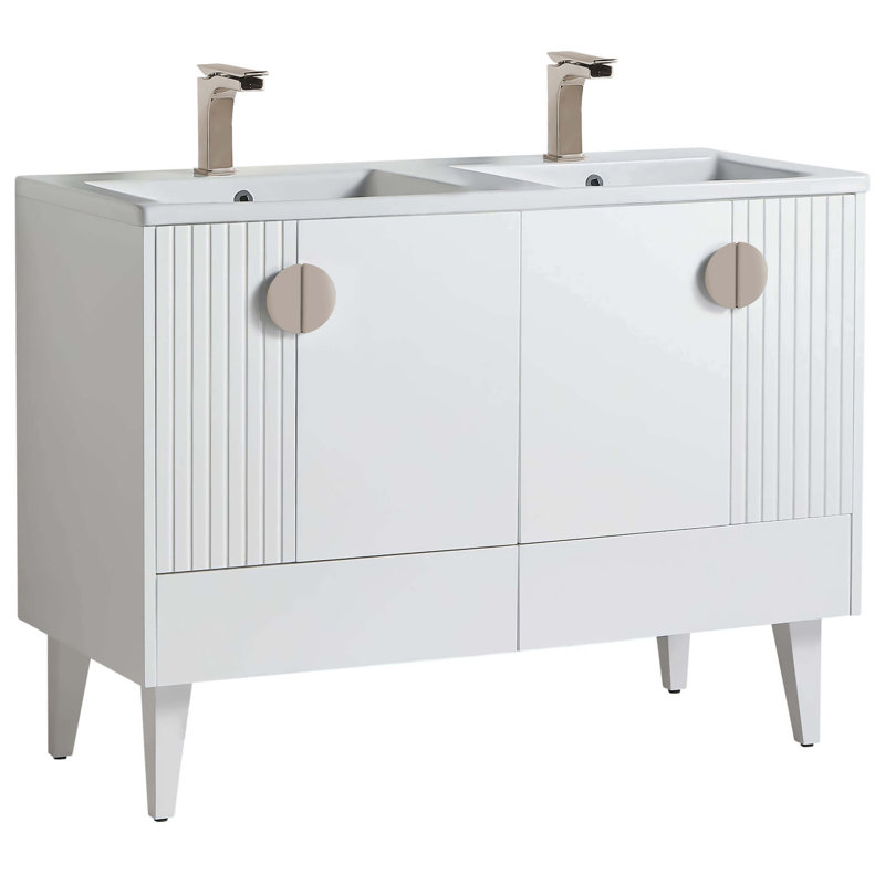 Ensemble de meuble-lavabo double 47 po Saimah, Blanc mat, Nickel satiné