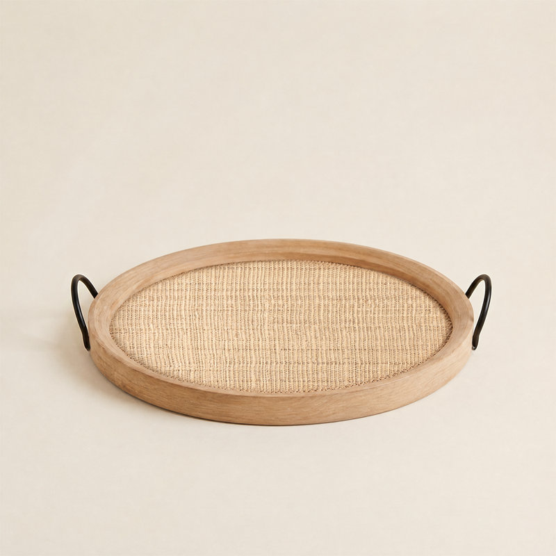 Plateau rond rond en rotin avec poignées - Boho en bois et en rotin tissé pour le salon, la chambre à coucher et la cuisine
