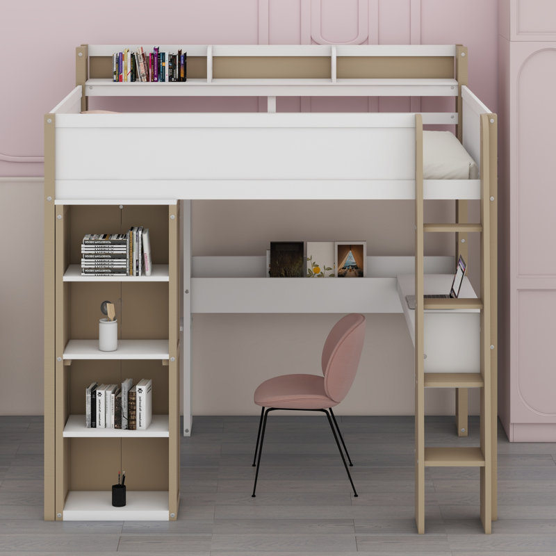 Wood Loft Bed With Built-In Storage Shelves, Clothes Rails And Desk, White/Natural