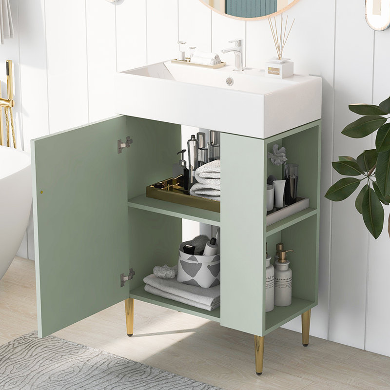 Bathroom vanity with Ceramic Sink Right side storage, Green