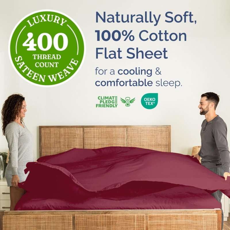 400 Thread Count Cotton Flat Sheet – Cooling, Breathable & Soft Top Sheet, Burgundy, Queen