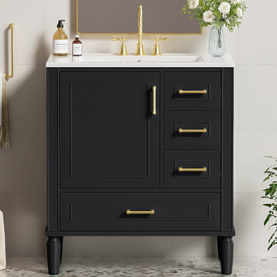 Meuble-lavabo de 30 po avec lavabo en céramique, porte à fermeture en douceur avec tablette intégrée, tiroir profond, tiroir standard, grand tiroir et armoire de rangement pour la salle de bain