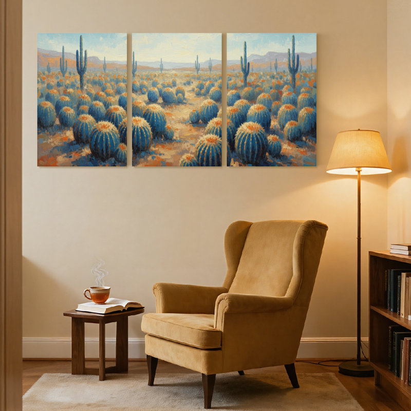 Plantes et fleurs, paysage désertique avec cactus et montagnes, ensemble de 3 impressions sur toile, H 18 po x l 36 po
