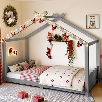 Twin Size Kids House Floor Bed with Solid Wood Frame, Playhouse Design, Support Slats, No Box Spring, Grey