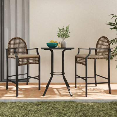 3 - Piece Outdoor Dining Set With Cushions, Patio Pe Wicker Bar Stool And Bistro Bar Table With Metal Frame, Farmhouse Conversation Set For Porch/Yard by Lark Manor