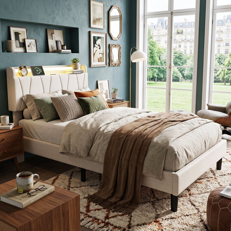 Upholstered Linen Platform Bed, European Single (90 x 200 cm), Beige